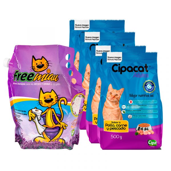 Combo Mix and Match para gatos esta pensado para aquellos hogares que tienen más de un gato, es el combo perfecto entre arena freemiau lavanda de 4,5 kg y 4 pack de comida cipacat por 500g.